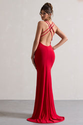 Red Cross Over Back Fishtail Maxi Dress